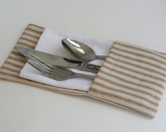 Tan French ticking napkin holder,silverware holder,napkin holder,flatware holder,country wedding,rustic wedding,table setting,picnic napkins