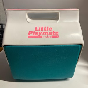 Nevera portátil vintage Little Playmate, color turquesa y rosa brillante, capacidad para 6 latas, nevera de los años 90, fiambrera retro.