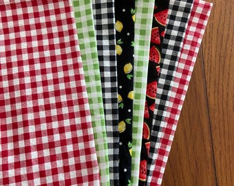 Set of 8 summer   gingham check fruit   cloth napkins, red plaid  summer cloth napkins, eco friendly napkins, fruit theme red picnic napkins