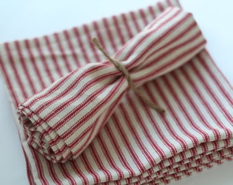 Red stripe cloth napkins, large size red stripe napkins, made to order napkins, red ticking stripe,  Holiday napkins, holiday table setting