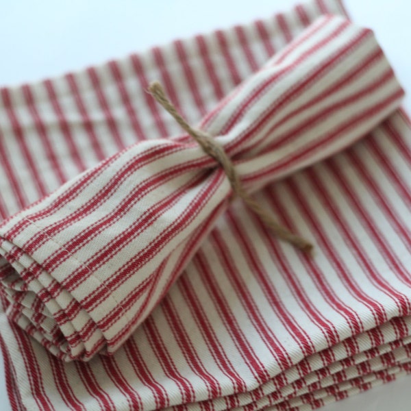 Red stripe cloth napkins, large size red stripe napkins, made to order napkins, red ticking stripe,  Holiday napkins, holiday table setting