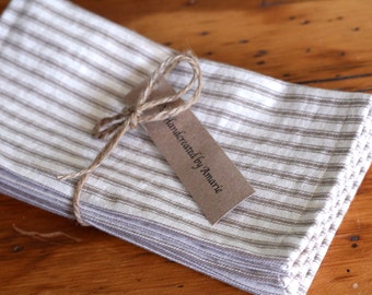 Tan french ticking cloth napkins,  large size dinner napkins, reusable summer picnic napkins, ticking stripe napkins, cotton stripe napkins