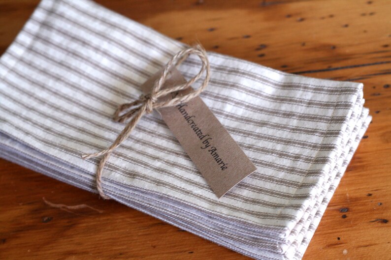 Tan french ticking cloth napkins, large size dinner napkins, reusable summer picnic napkins, ticking stripe napkins, cotton stripe napkins image 1