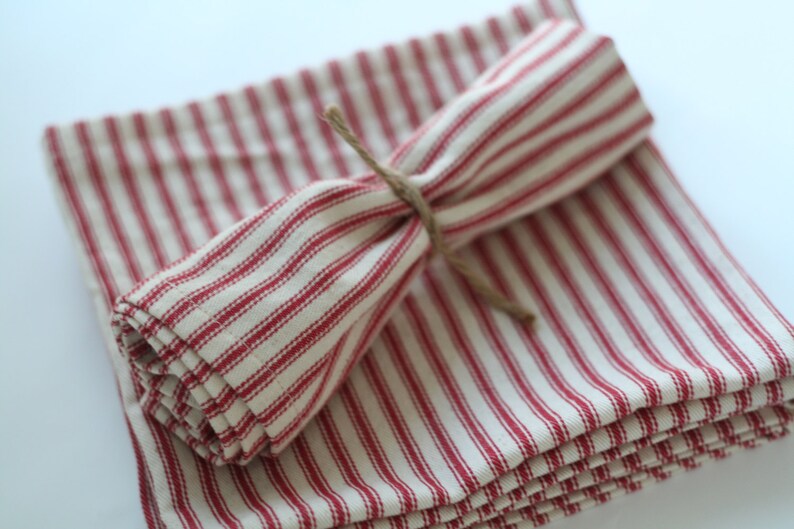Red ticking stripe cloth napkin, small size cloth napkin,picnic napkins, red ticking stripe, reusable cloth napkin,, holiday napkins image 1