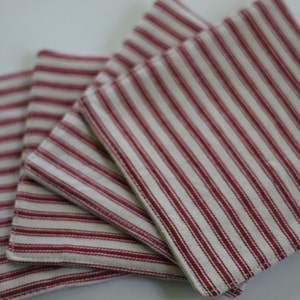 Red ticking stripe  fabric coaster set, set of 4 coasters,rustic farmhouse coasters, hostess gift, housewarming gift