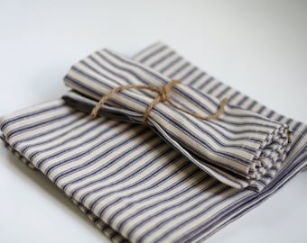 Blue stripe cloth napkin, blue and cream cloth napkins, picnic napkins, lunch napkins, blue French Ticking Stripe Cloth Napkins, small size