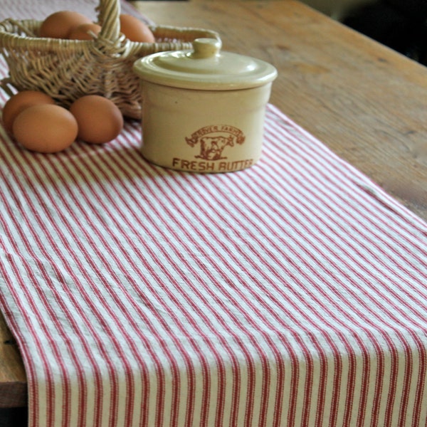 Red ticking stripe table runner,Christmas holiday  red stripe table runner, farmhouse table runner, country table runner