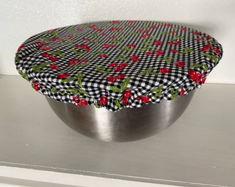 Cherry summer fruit print fabric bowl cover , black and white check mixing bowl cover, reuseable bowl cover, summer cherry print fabric
