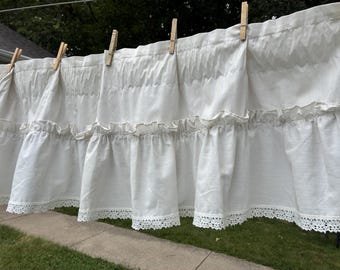 Ivory cream white ruffled valance 72 x 16" one Panel With Crocheted Edge Cottagecore country rustic, grandmacore