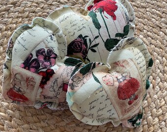 Set of 3 Valentine's day print mini heart shaped pillows,heart bowl filler,vintage look print heart ornaments, heart  tiered tray filler