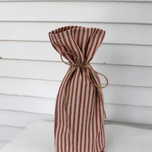 Wine gift bag, rustic red striped wine bag, red ticking stripe bag, reusable wine gift bag, Christmas gift bag