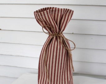 Wine gift bag, rustic red striped wine bag, red ticking stripe bag, reusable wine gift bag, Christmas gift bag