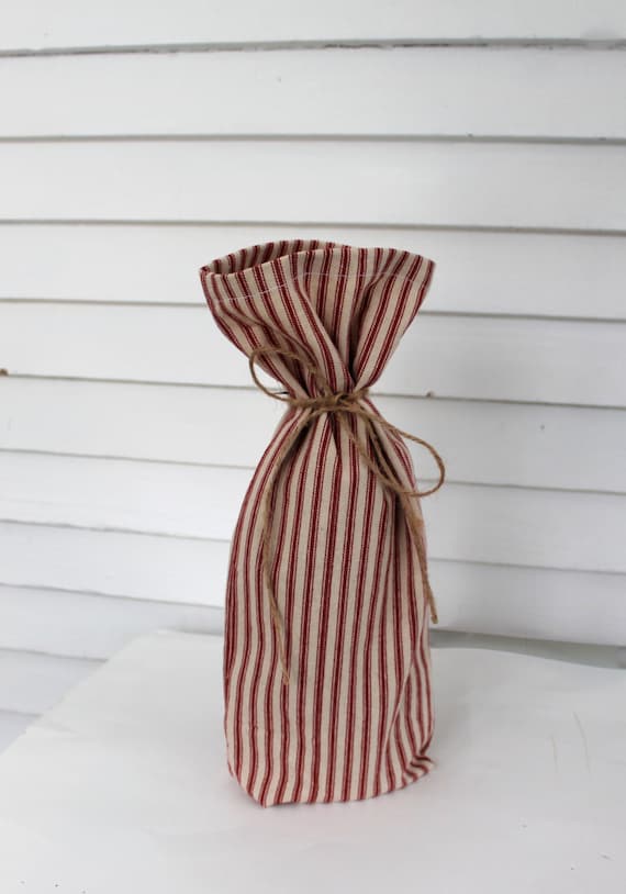 Wine gift bag, rustic red striped wine bag, red ticking stripe bag, reusable wine gift bag, Christmas gift bag