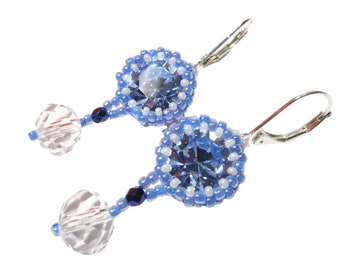 Blue earrings Pearl earrings threaded with chaton (crystal cut) and rocailles threaded
