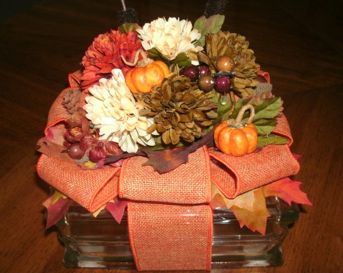 Fall Floral Glass Block Centerpiece Harvest Pumpkins Etsy