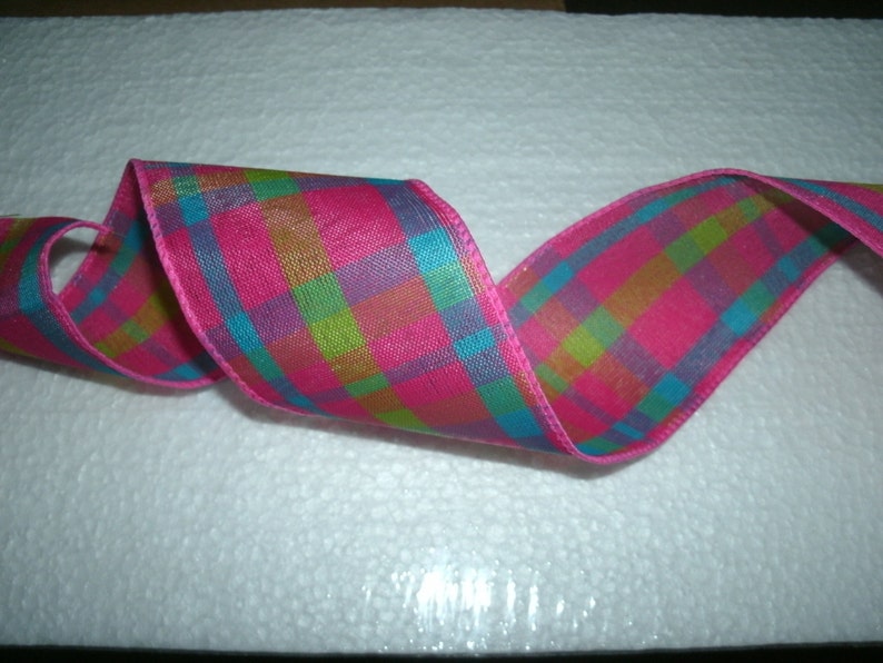 5 yds of Hot Pink Plaid Ribbon, Birthday Ribbon, Easter Ribbon, Wedding Ribbon, Wired Edge Ribbon image 1