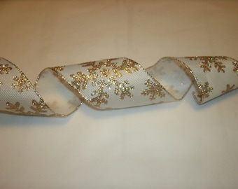 5 yds of Gold Snowflake Ribbon, Holiday Ribbon, Seasonal Ribbon, Wired Edge Ribbon, Wreath Ribbon, Tree Ribbon, Craft Ribbon, Gift Ribbon,