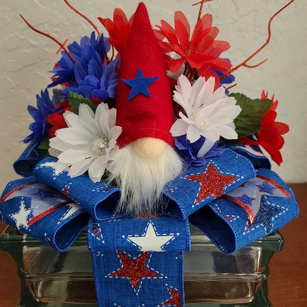 Patriotic Gnome Centerpiece, American Holiday Décor, Lighted Glass Block, 4th of July, Red White & Blue Decor, Americana, Table Decor,