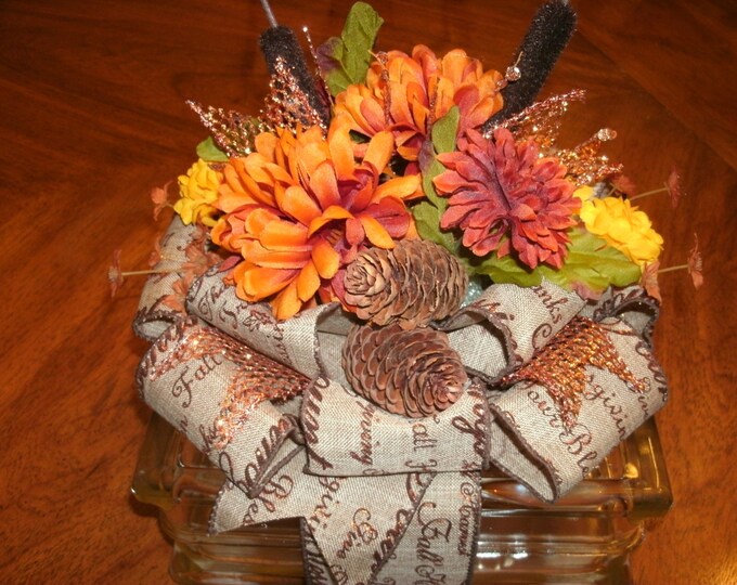 Fall Floral Glass Block Centerpiece Harvest Thanksgiving Etsy