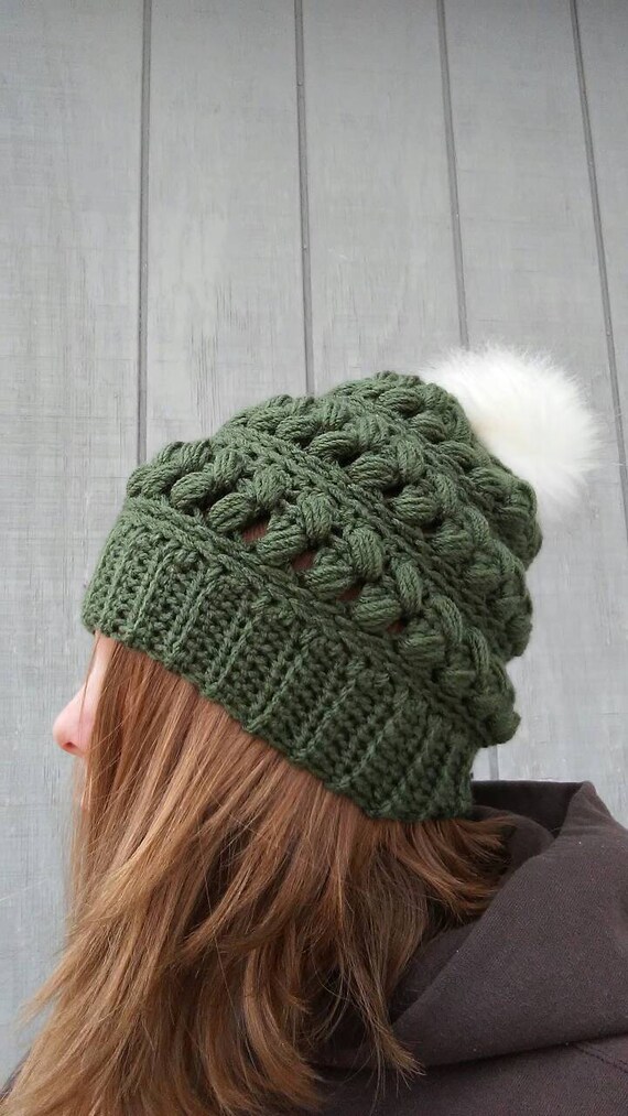 Olive Fur Pom Pom Beanie, Olive Green Hat, Fur Pom Hat, Fur  display picture 3