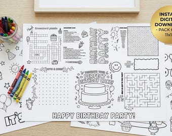 Paquete de tapetes de actividades de cumpleaños, manteles individuales para colorear para niños, rompecabezas imprimibles de 17x11, juegos de fiesta para niños, paquete de descarga instantánea de 4