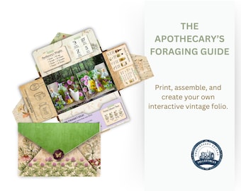 Kit de diario de estilo boticario, guía de recolección imprimible en formato folio, efímeros botánicos vintage, paquete de papel digital de 10 páginas con bolsillos para recortes precisos.