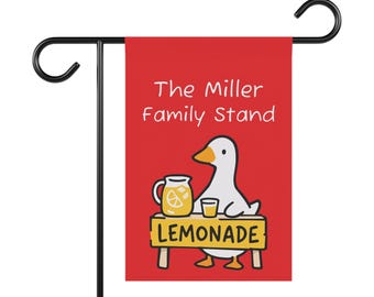 Bandera de jardín personalizada con diseño de puesto de limonada de ganso / Decoración de porche personalizada con nombre familiar