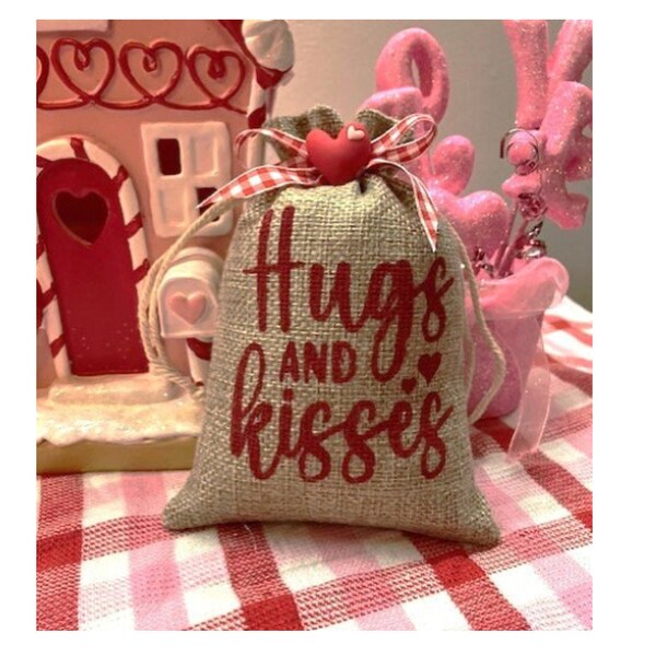 Hugs and Kisses mini burlap sack for Valentines tiered trays