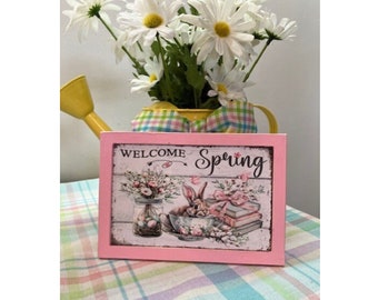 Welcome Spring framed wood sign for tiered trays