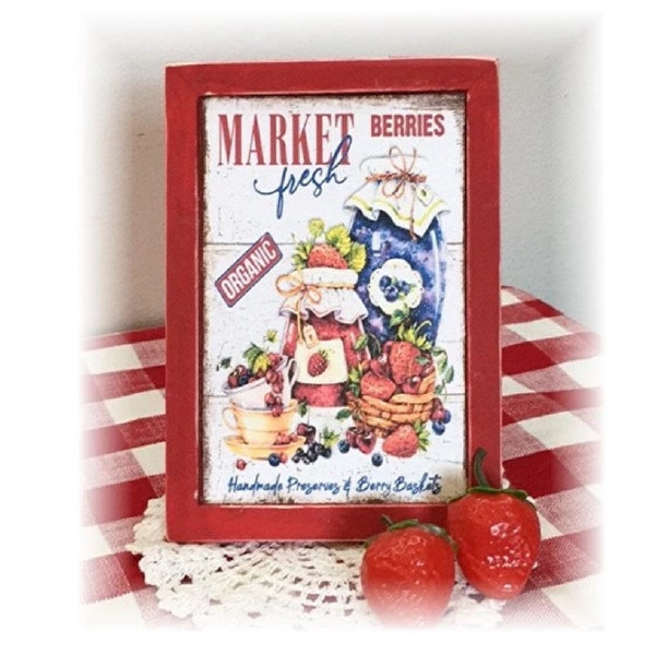 Market Fresh Berries framed wood sign for tiered trays