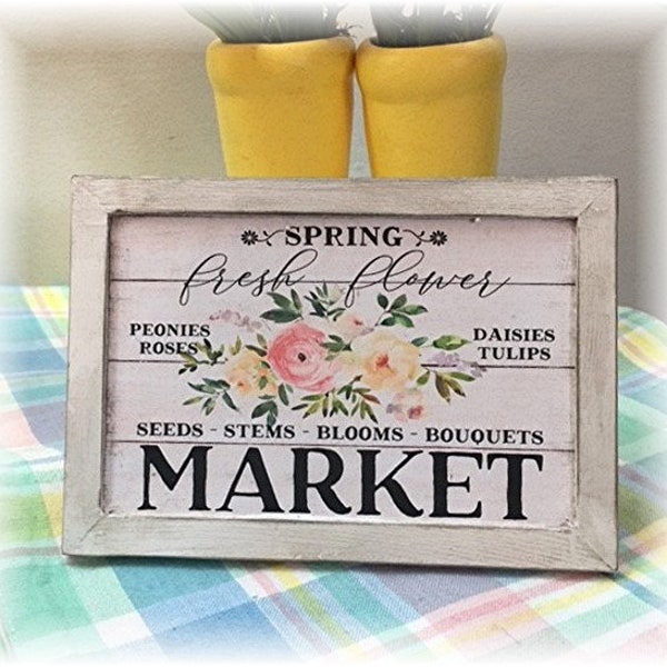 Spring fresh flower market framed wood sign for Spring tiered trays