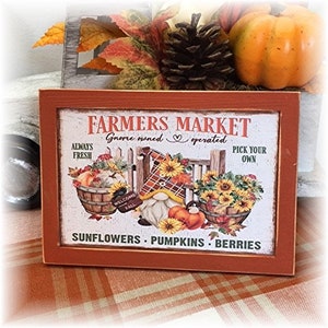 Farmers Market gnome owned and operated framed wood sign for fall tiered trays