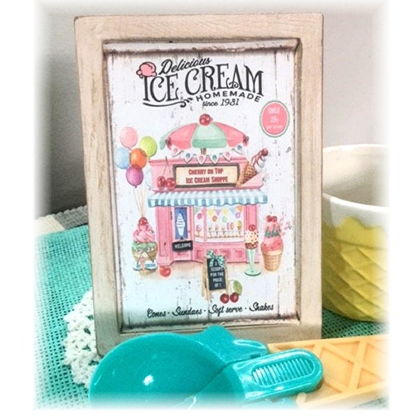 Delicious homemade Ice cream framed wood sign for tiered trays ice cream parlor