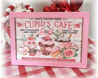 Love Grows Here Cupid Cafe framed wood sign for Valentines tiered trays