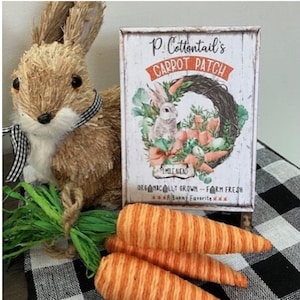 May include: A wooden sign with a white background and black lettering that reads "P. Cottontail's Carrot Patch" with a wreath of carrots, greenery, and a bunny rabbit. The sign is on a black and white checked surface with a brown bunny rabbit and a bunch of orange carrots.