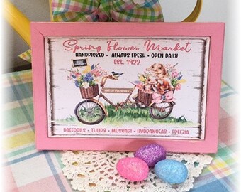 Spring Flower Market framed wood sign for Spring tiered trays