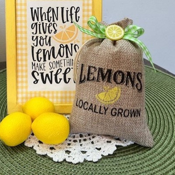 Lemons locally grown mini burlap sack for tiered trays lemon decor