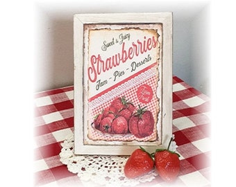 Sweet and Juicy Strawberries framed wood sign for tiered trays strawberries decor
