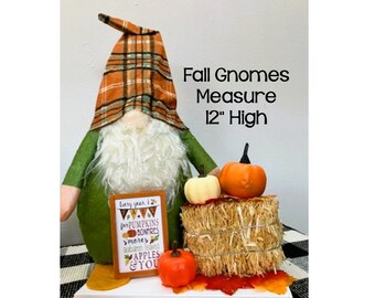 May include: A fall gnome with a plaid orange and green hat and a long white beard. The gnome is next to a small hay bale with pumpkins and a sign that says "every year...for pumpkins, bonfires, s'mores, autumn leaves, apples & you". The gnome measures 12 inches high.