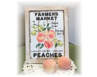Farmers Market Peaches framed wood sign for tiered trays peach decor