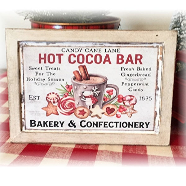 Candy Cane Lane Hot Cocoa Bar framed wood sign for tiered trays