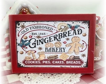 Old Fashioned Gingerbread Bakery framed wood sign for Christmas tiered trays