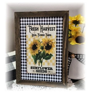 Fresh Harvest Sunflower seeds framed wood sign for tiered trays