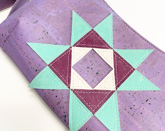 Purple quilty cork clutch with wristlet strap, Star block modern cork purse,