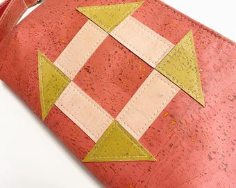Coral cork clutch with wristlet strap quilty version, churn dash cork clutch purse, modern quilty cork purse