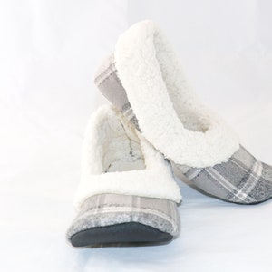 Grey and cream plaid slippers, Women's sherpa slippers, Women's slippers with soles, Soft slippers image 4