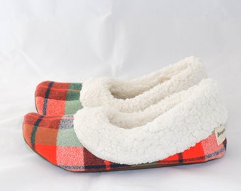 Orange green and cream plaid slippers, Women's sherpa slippers, Women's slippers with soles, Soft slippers