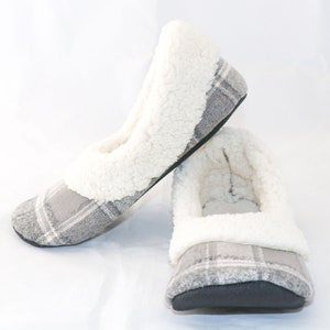 Grey and cream plaid slippers, Women's sherpa slippers, Women's slippers with soles, Soft slippers image 3