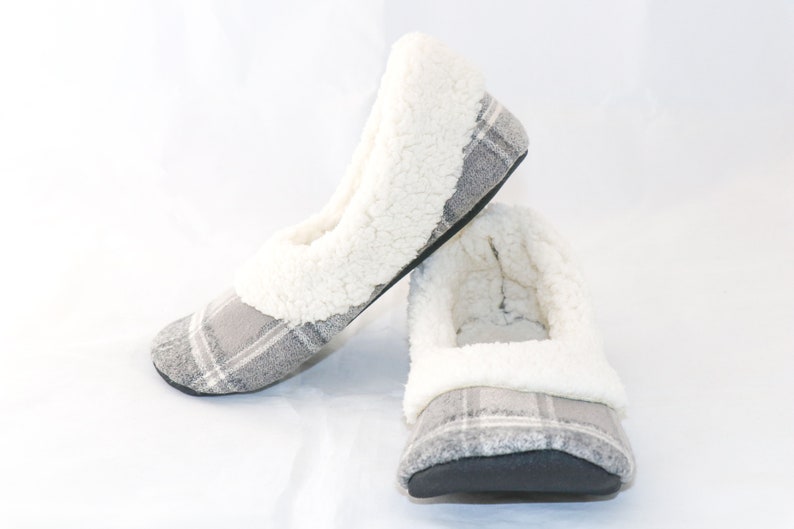 Grey and cream plaid slippers, Women's sherpa slippers, Women's slippers with soles, Soft slippers image 3