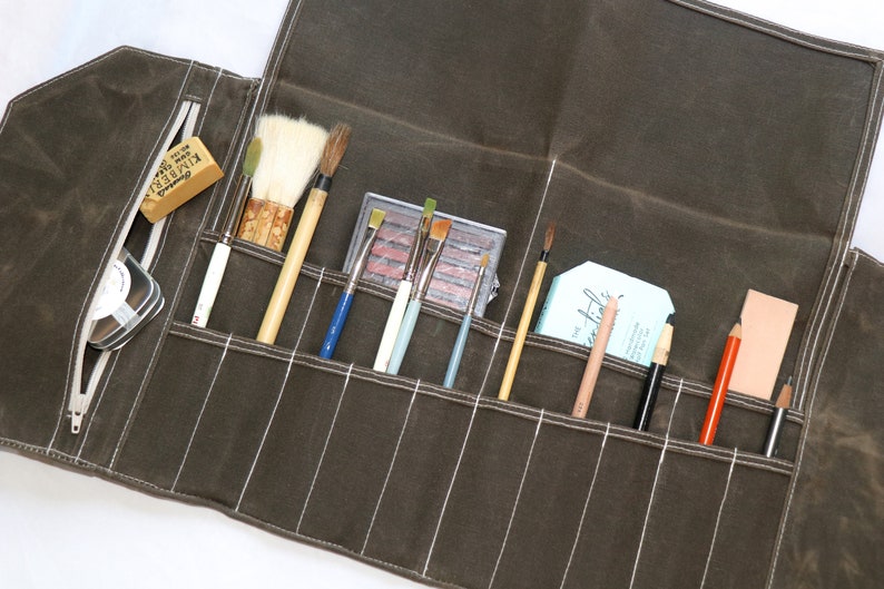 Large waxed canvas bullet journal pouch Roll up pencil case Etsy